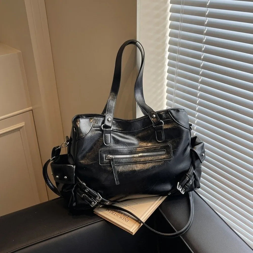 Grand Sac à Main Femme en Cuir PU Souple, Style Y2K, Compartiment Intérieur et Fermeture Zippée
