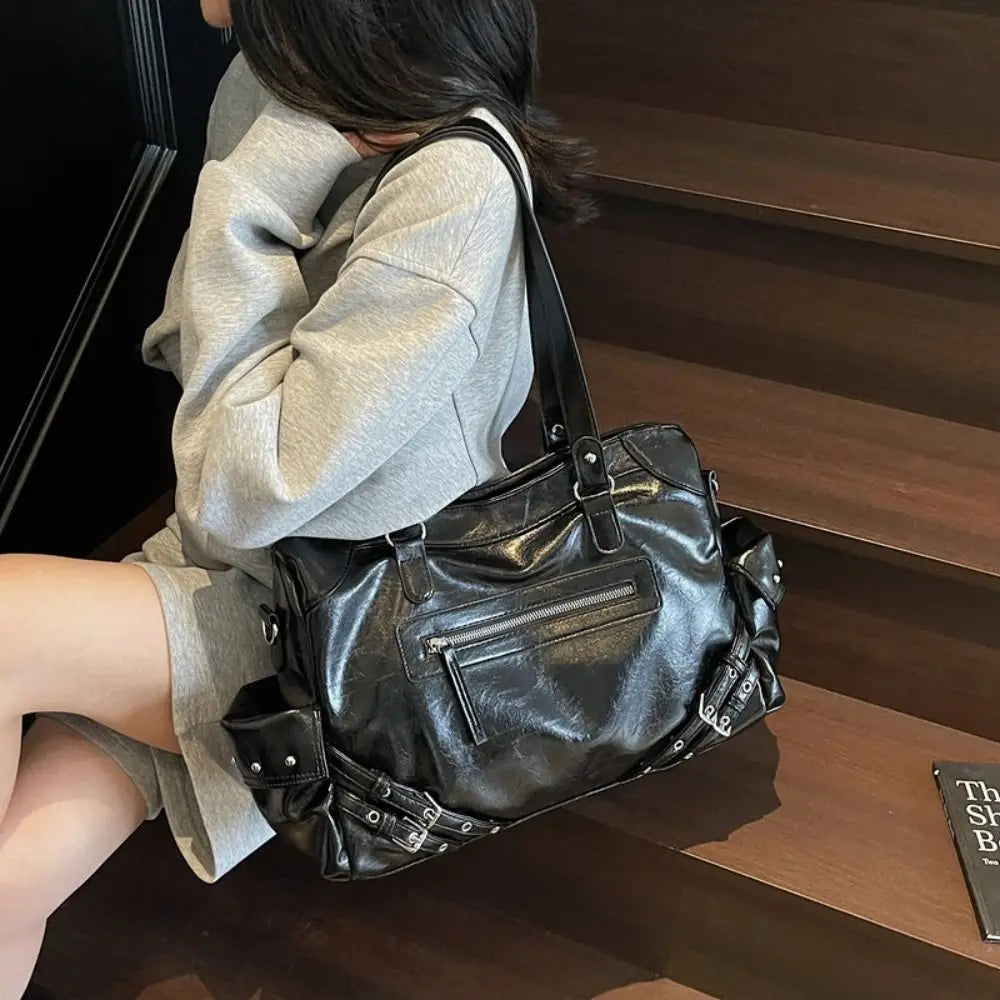Grand Sac à Main Femme en Cuir PU Souple, Style Y2K, Compartiment Intérieur et Fermeture Zippée