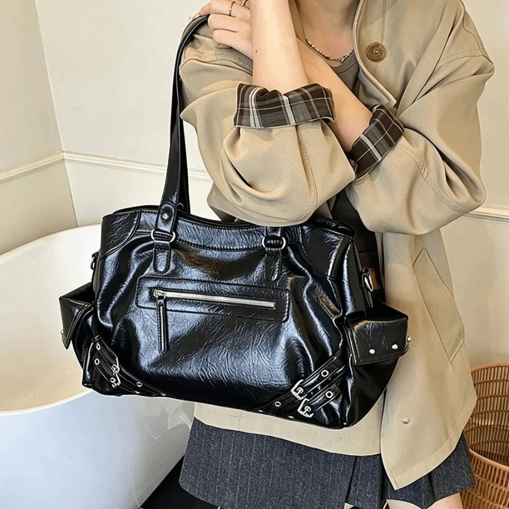 Grand Sac à Main Femme en Cuir PU Souple, Style Y2K, Compartiment Intérieur et Fermeture Zippée